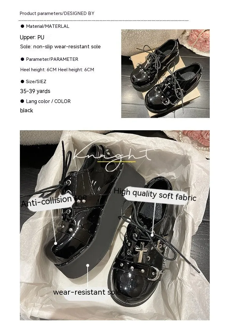 Black punk platform leather shoes with rubber sole and decorative stitching in dark lolita style