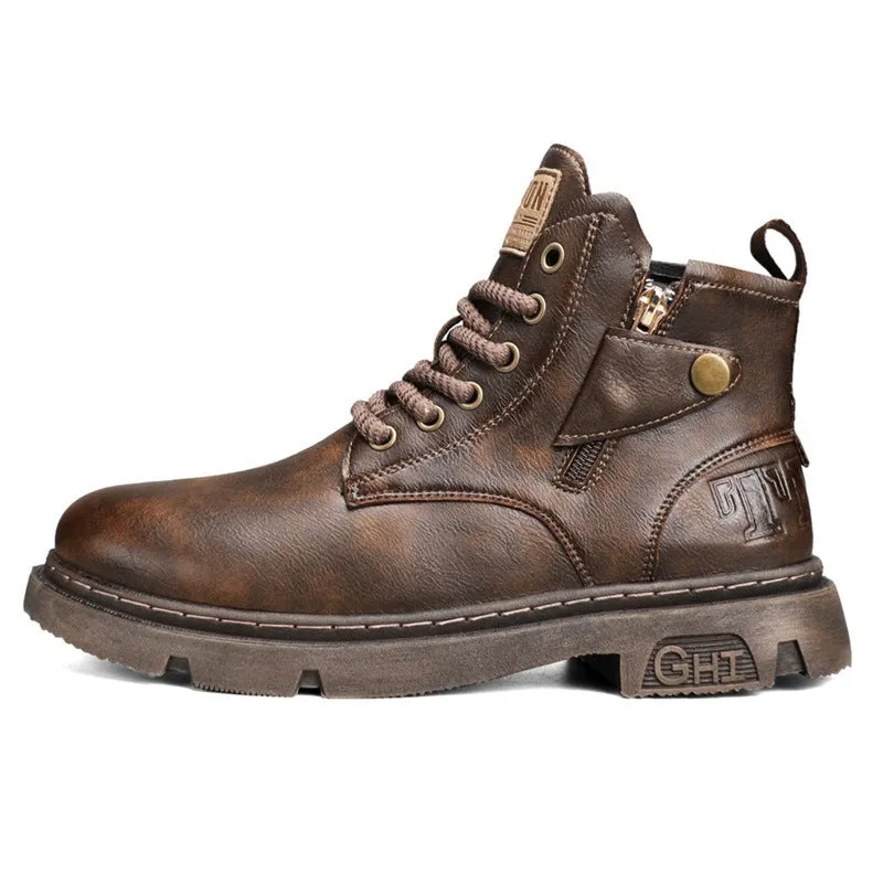 Retro British style men's Martin boots in black leather with front lace-up and mid heel