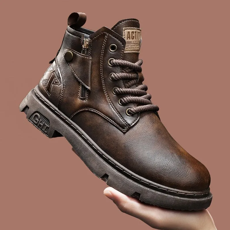 Retro British style men's Martin boots in black leather with front lace-up and mid heel