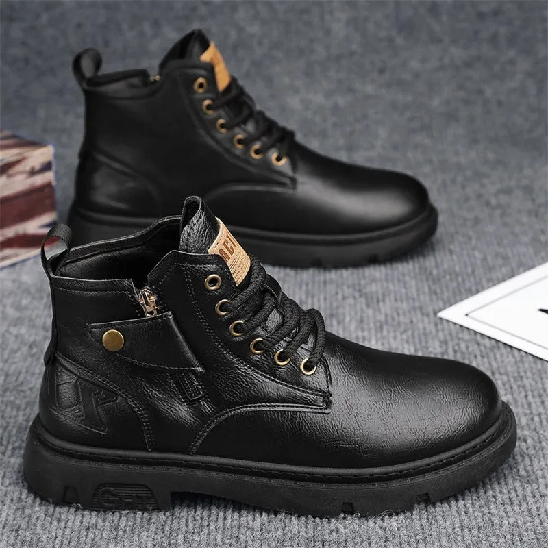 Retro British style men's Martin boots in black leather with front lace-up and mid heel