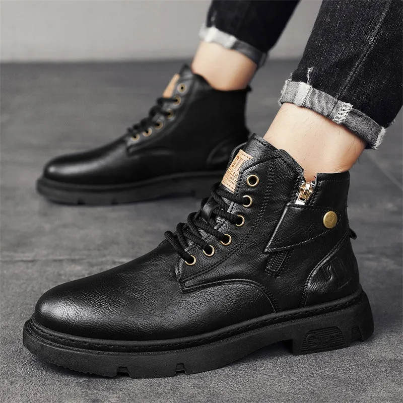 Retro British style men's Martin boots in black leather with front lace-up and mid heel