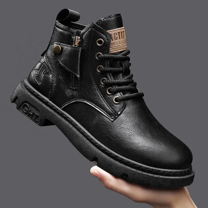Retro British style men's Martin boots in black leather with front lace-up and mid heel