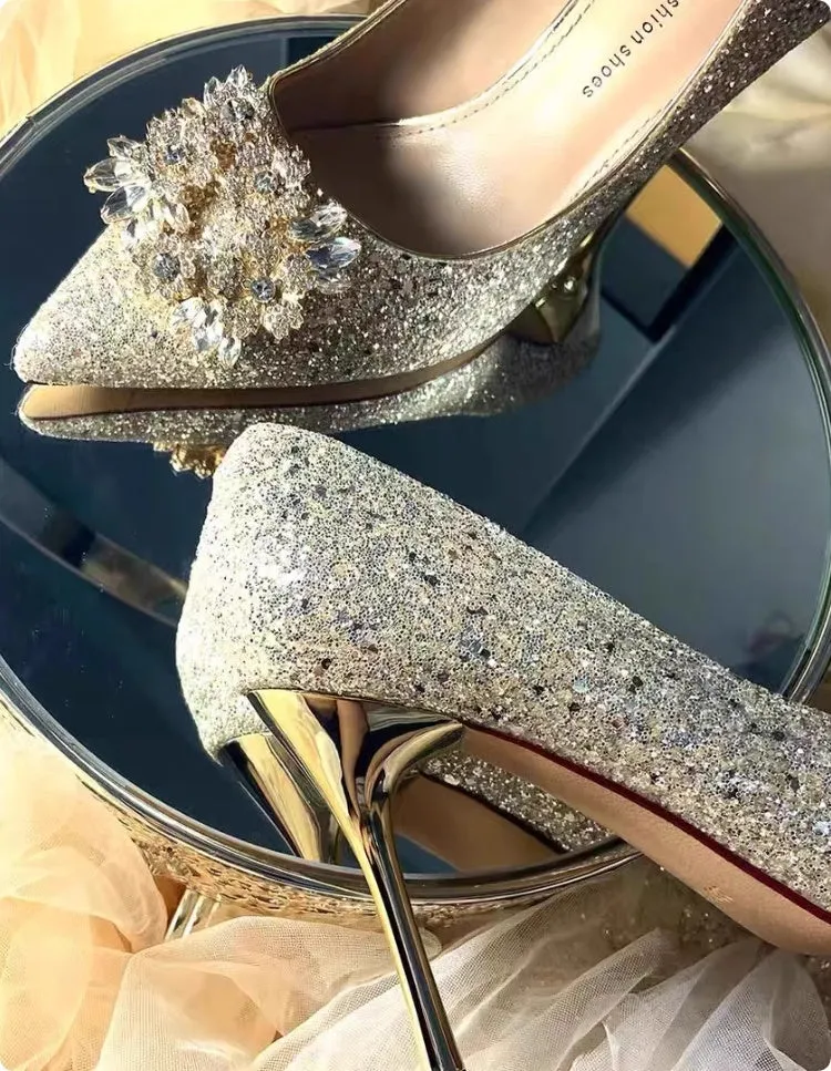 Champagne coloured bridal shoes with rhinestone crystal flower patterns and pointed toe design