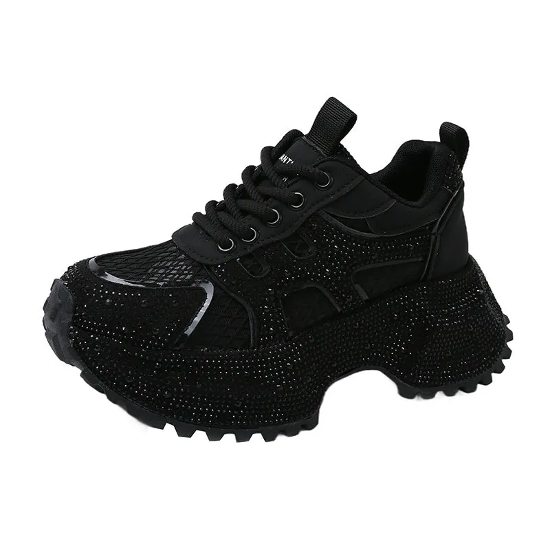 TIANXIU light yellow women's chunky platform sneakers with glitter rhinestone accent and green trim on thick white sole