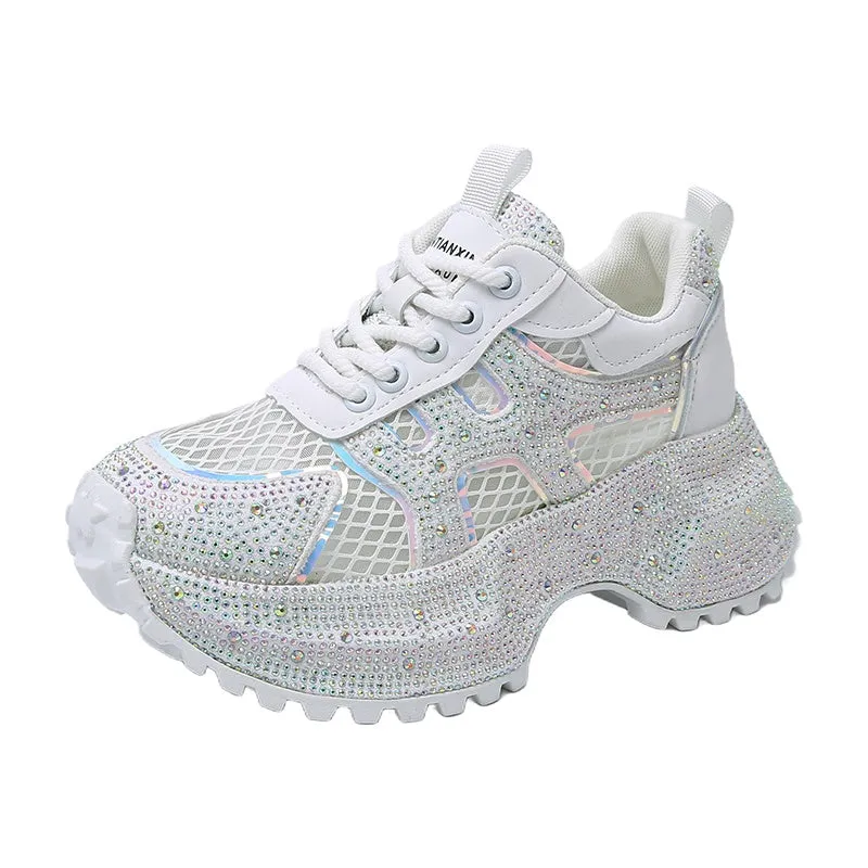 TIANXIU light yellow women's chunky platform sneakers with glitter rhinestone accent and green trim on thick white sole