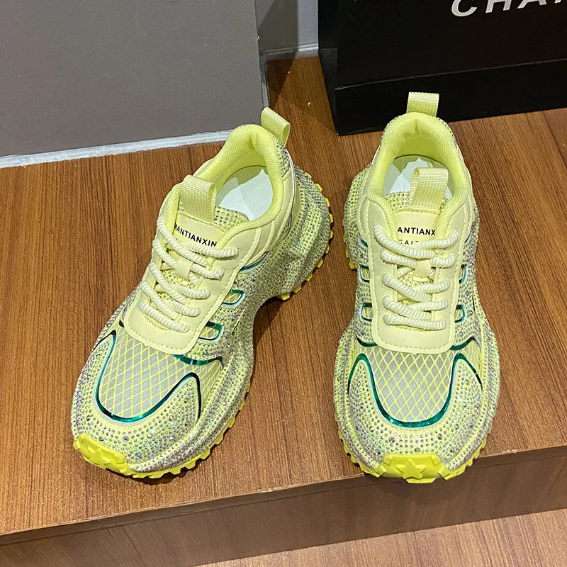 TIANXIU light yellow women's chunky platform sneakers with glitter rhinestone accent and green trim on thick white sole