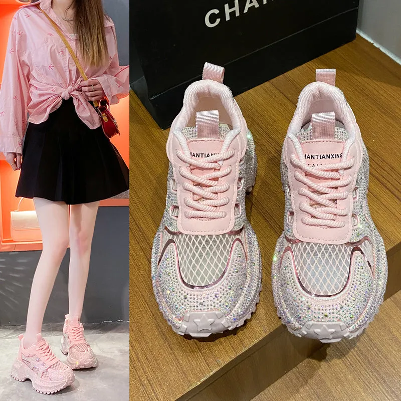 TIANXIU light yellow women's chunky platform sneakers with glitter rhinestone accent and green trim on thick white sole