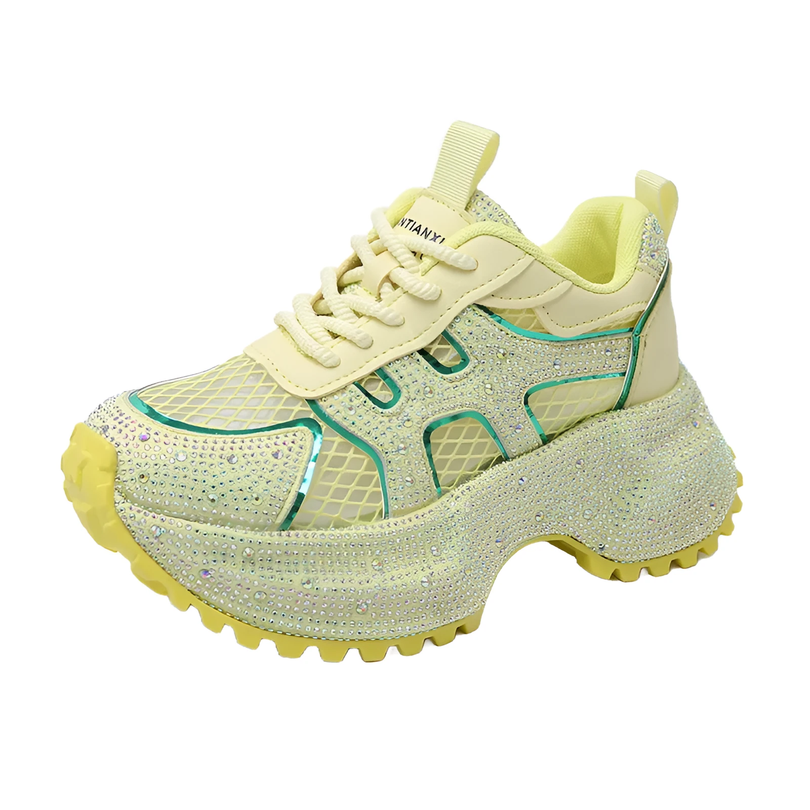 TIANXIU light yellow women's chunky platform sneakers with glitter rhinestone accent and green trim on thick white sole