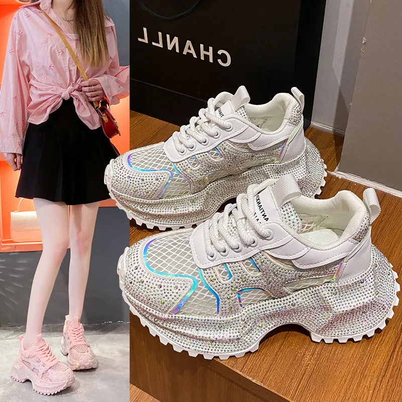 TIANXIU light yellow women's chunky platform sneakers with glitter rhinestone accent and green trim on thick white sole