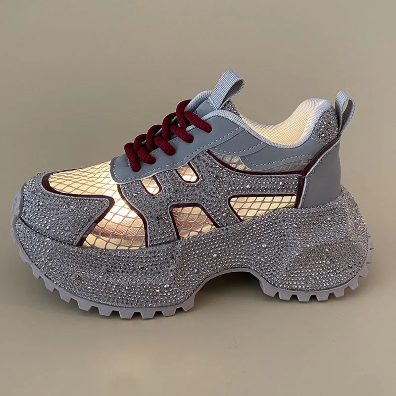 TIANXIU light yellow women's chunky platform sneakers with glitter rhinestone accent and green trim on thick white sole