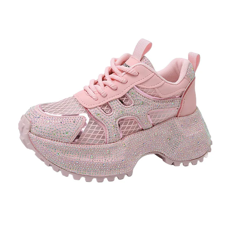 TIANXIU light yellow women's chunky platform sneakers with glitter rhinestone accent and green trim on thick white sole