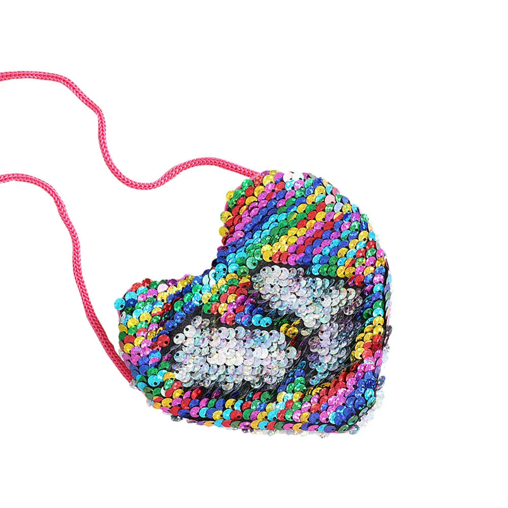Sequined heart-shaped crossbody purse in gold with lanyard strap