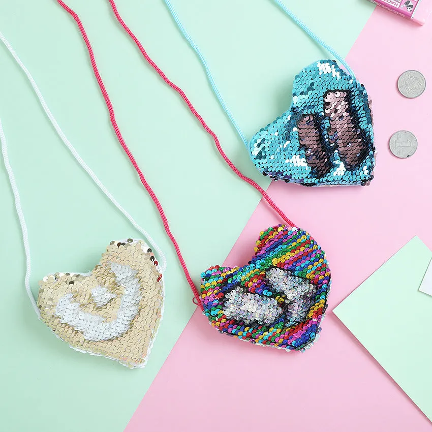 Sequined heart-shaped crossbody purse in gold with lanyard strap