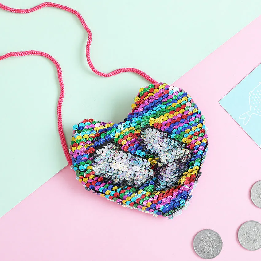 Sequined heart-shaped crossbody purse in gold with lanyard strap