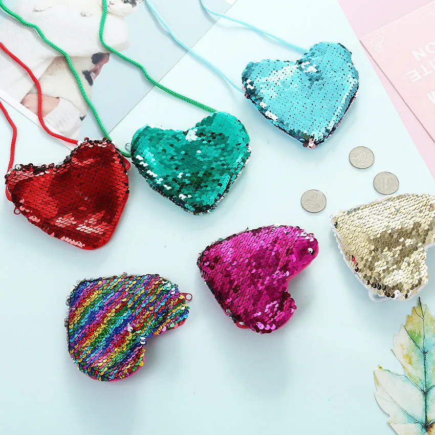 Sequined heart-shaped crossbody purse in gold with lanyard strap