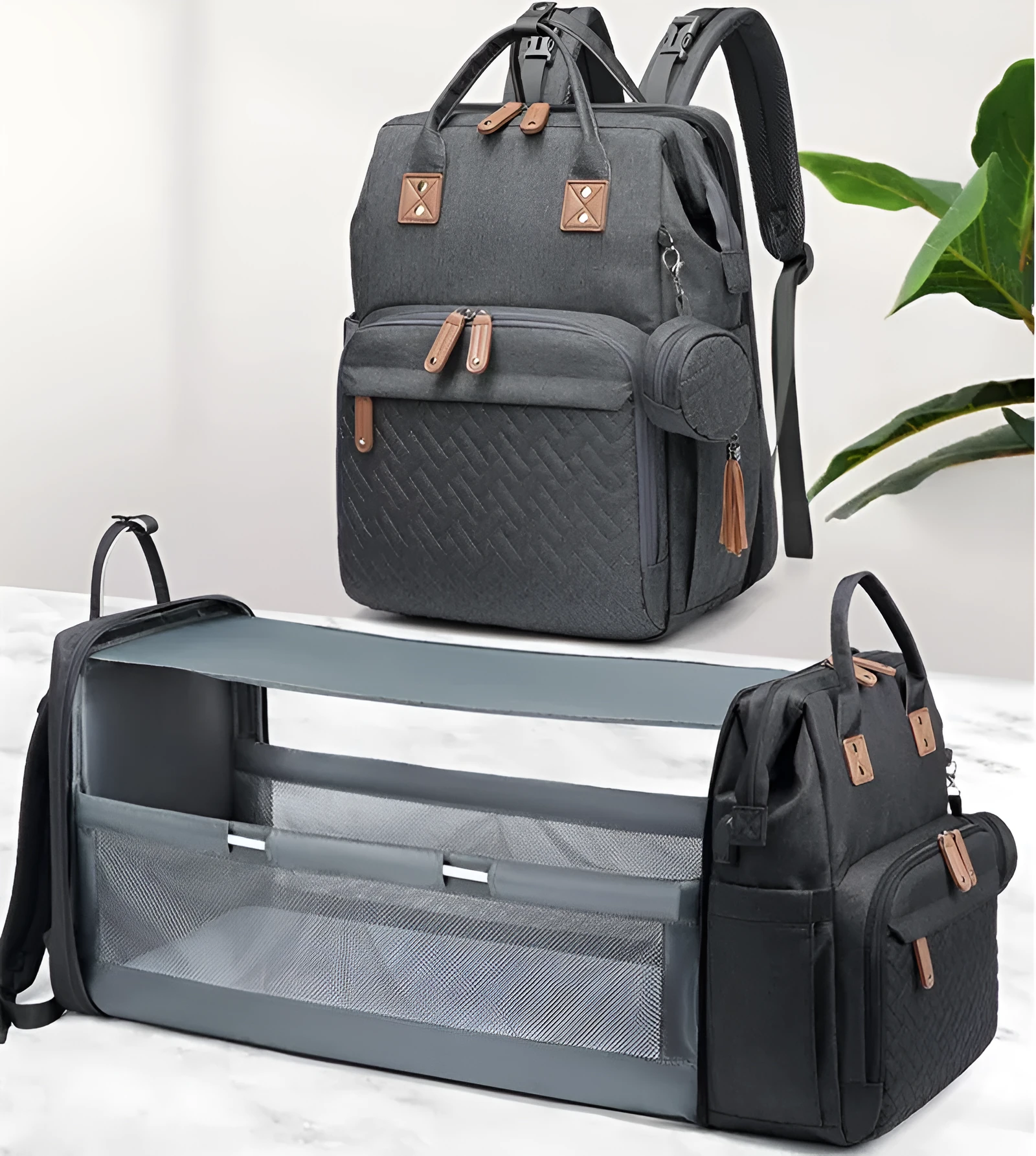 HMB03 Oxford mummy bag backpack in black with embossed finish and square vertical shape