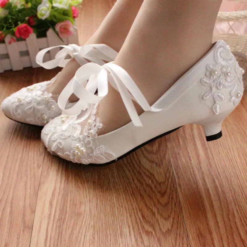 White flat wedding shoes with lace and ribbon trim, low 3cm heel, artificial PU upper