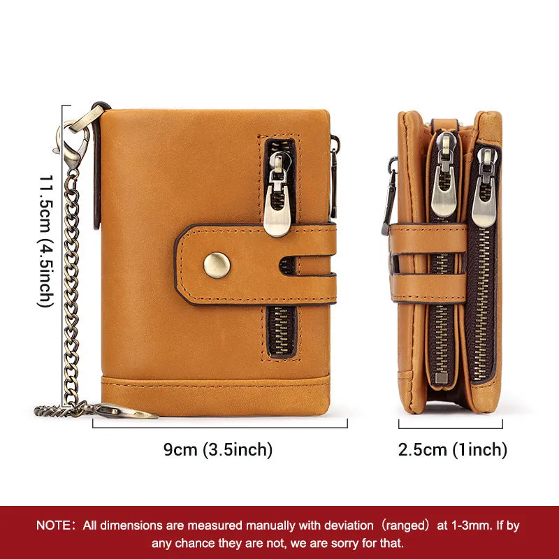 Men's genuine leather tri-fold wallet in brown with anti-theft RFID blocking, retro style, multiple card slots