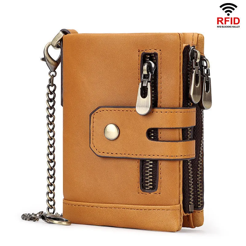 Men's genuine leather tri-fold wallet in brown with anti-theft RFID blocking, retro style, multiple card slots