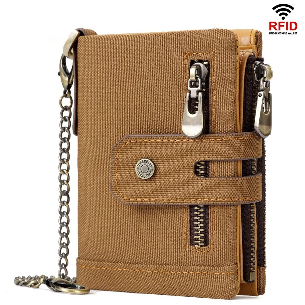 Men's genuine leather tri-fold wallet in brown with anti-theft RFID blocking, retro style, multiple card slots
