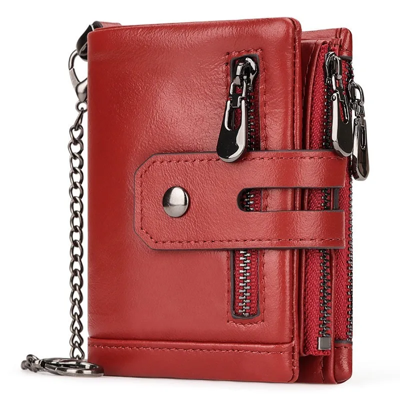 Men's genuine leather tri-fold wallet in brown with anti-theft RFID blocking, retro style, multiple card slots