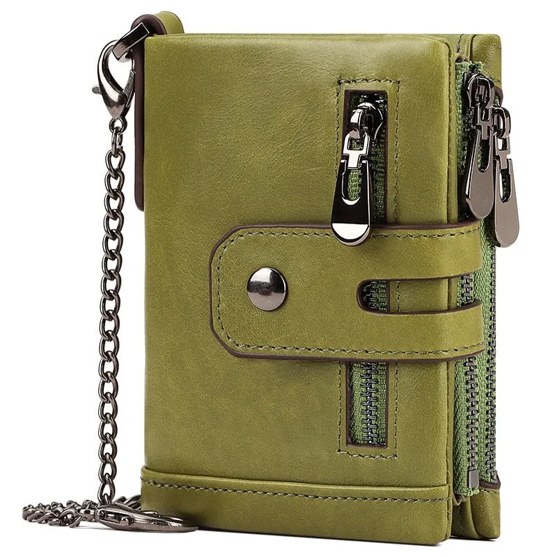 Men's genuine leather tri-fold wallet in brown with anti-theft RFID blocking, retro style, multiple card slots