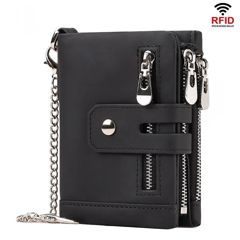 Men's genuine leather tri-fold wallet in brown with anti-theft RFID blocking, retro style, multiple card slots