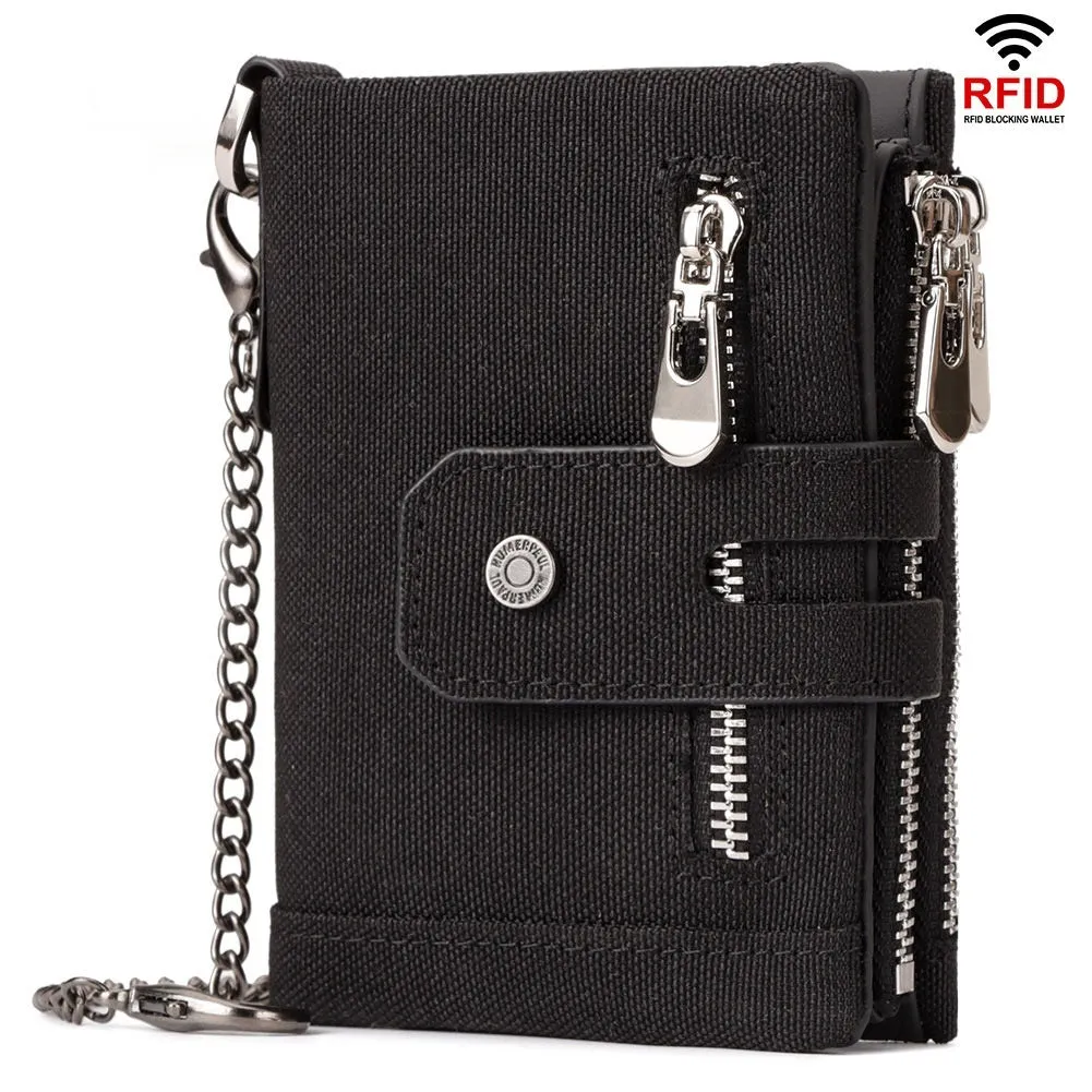 Men's genuine leather tri-fold wallet in brown with anti-theft RFID blocking, retro style, multiple card slots