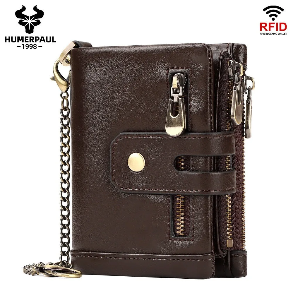 Men's genuine leather tri-fold wallet in brown with anti-theft RFID blocking, retro style, multiple card slots