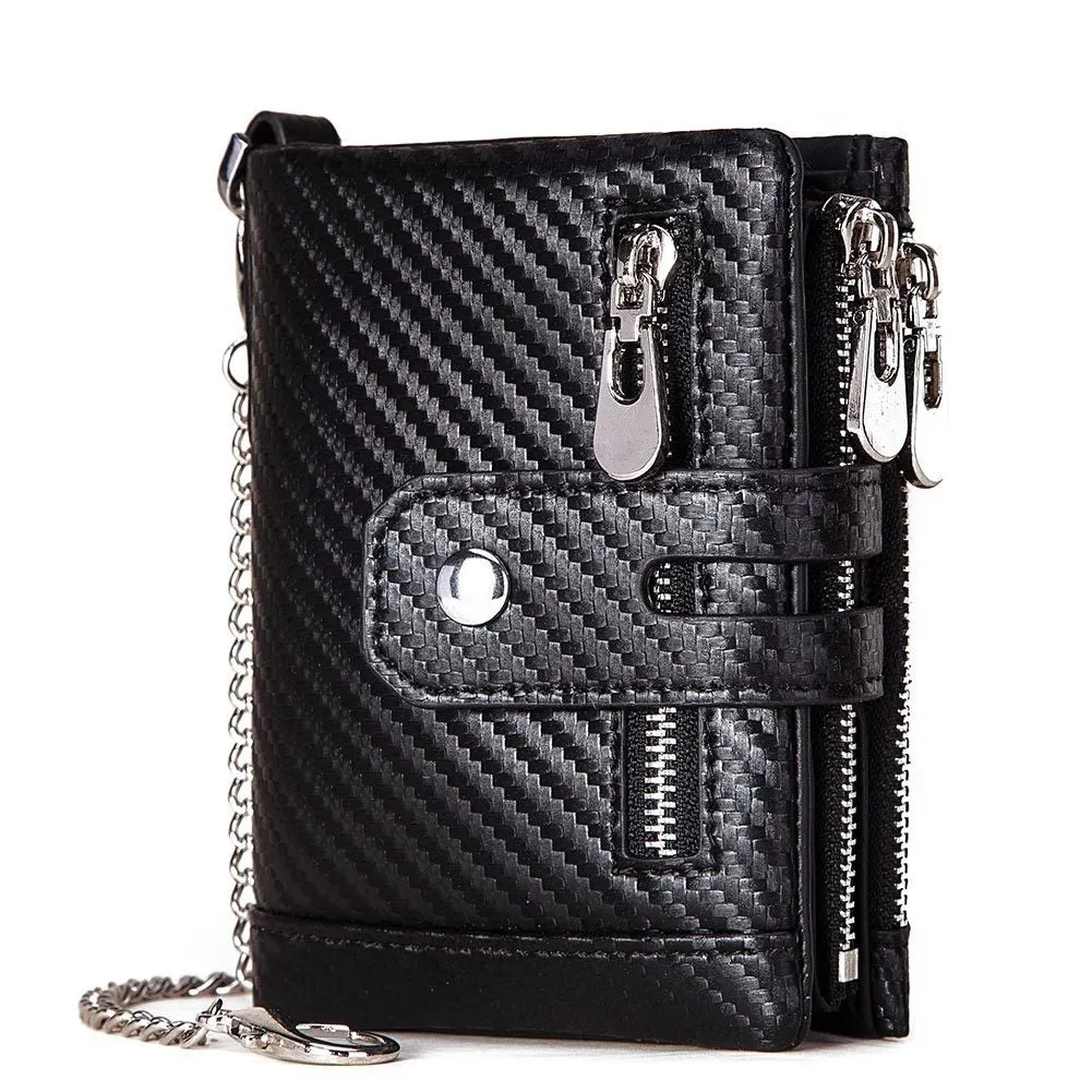 Men's genuine leather tri-fold wallet in brown with anti-theft RFID blocking, retro style, multiple card slots