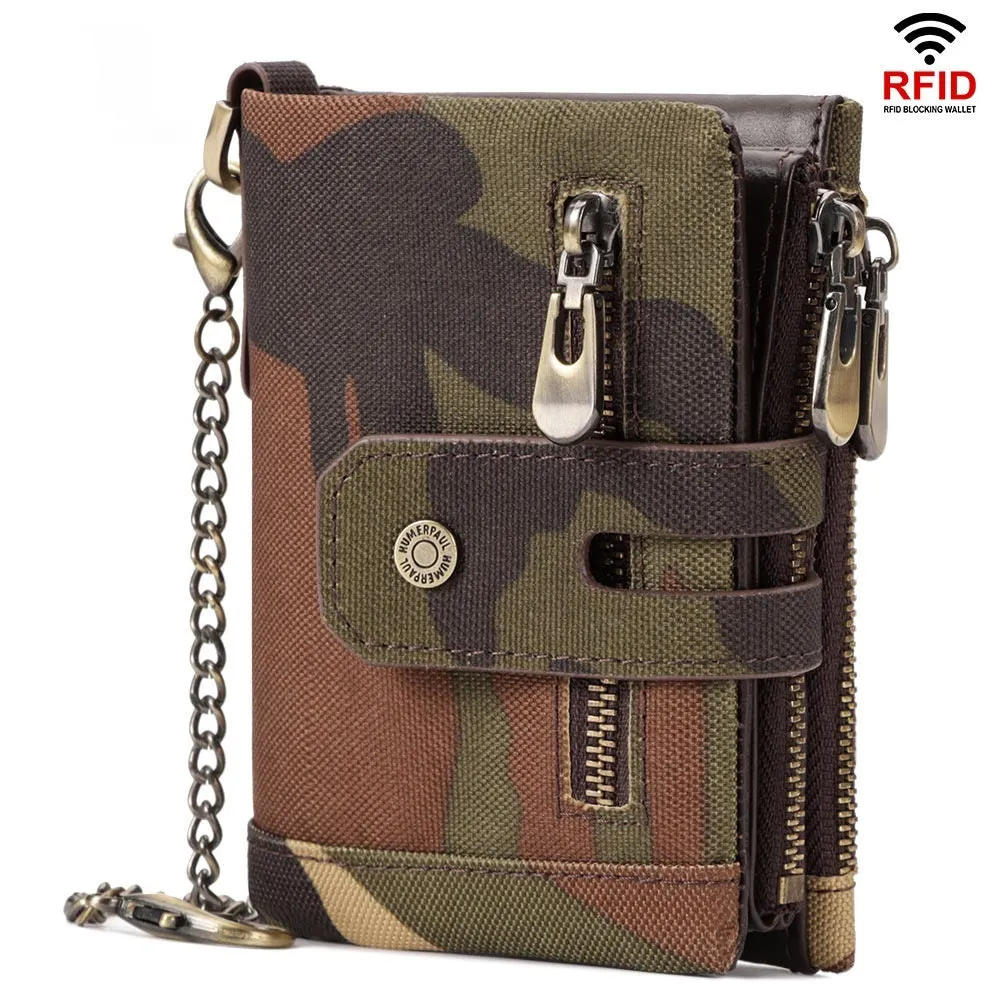 Men's genuine leather tri-fold wallet in brown with anti-theft RFID blocking, retro style, multiple card slots