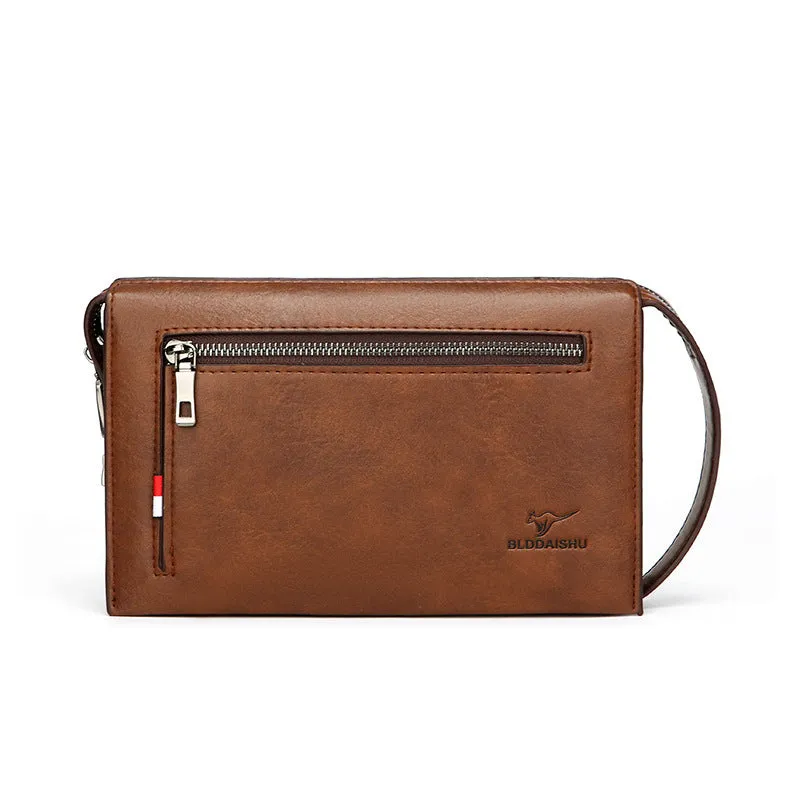 Men's large capacity PU clutch briefcase in solid black colour, front view