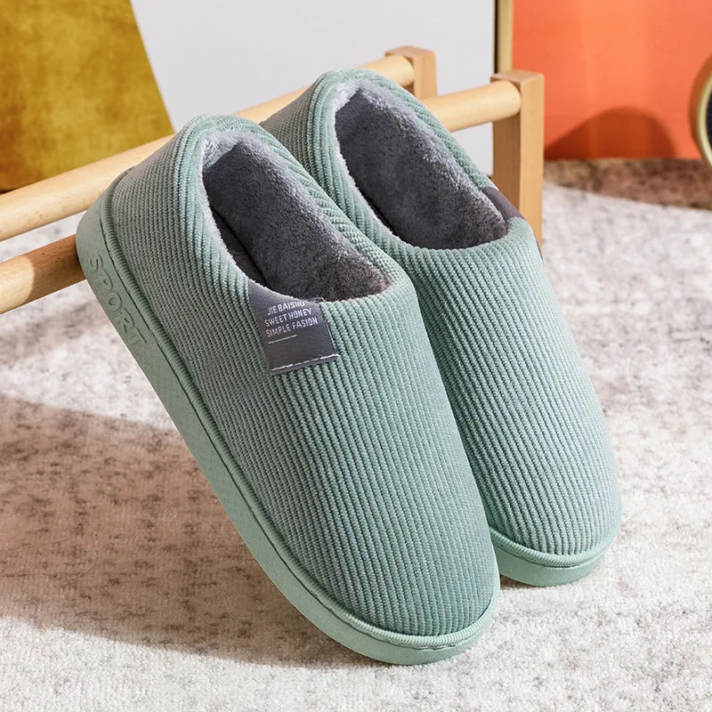 Plush women's house slippers in green with anti-skid PVC sole, flat heel, round toe