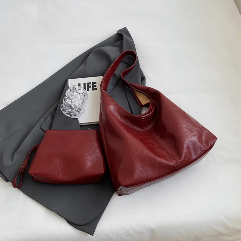 Two-piece composite bag set: large hobo shoulder bag and clutch in PU, available in five colours including black and dark brown