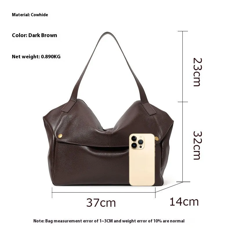 Brown genuine leather women's commuter shoulder bag with a horizontal square shape.