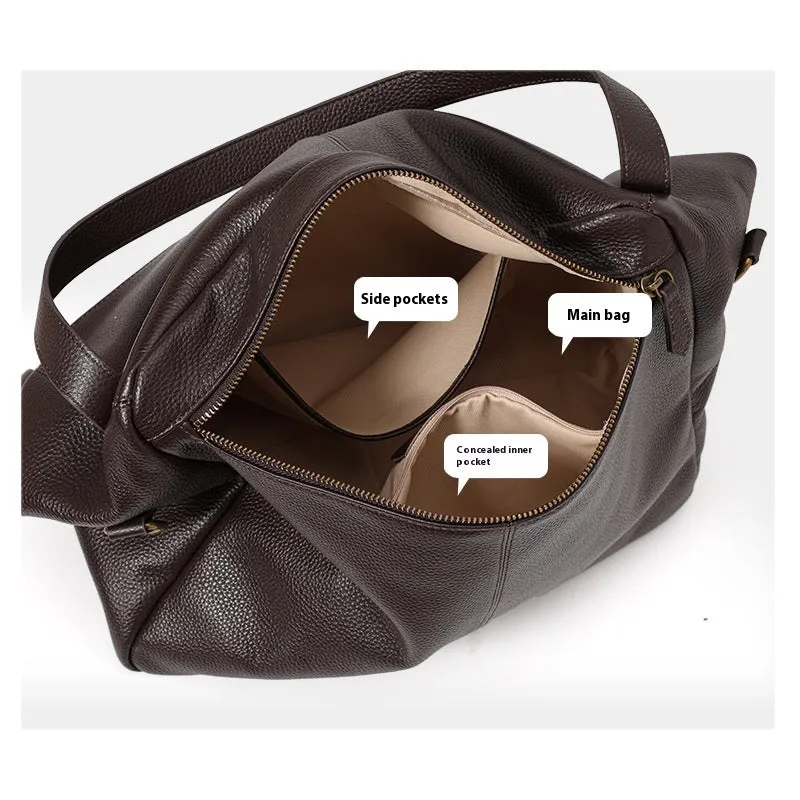 Brown genuine leather women's commuter shoulder bag with a horizontal square shape.