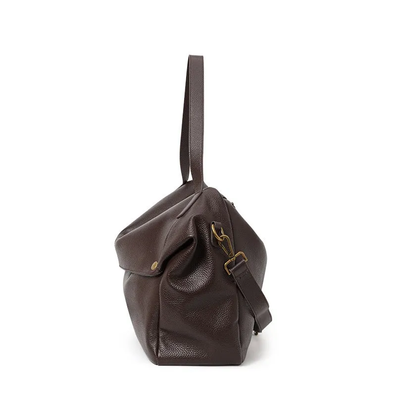 Brown genuine leather women's commuter shoulder bag with a horizontal square shape.