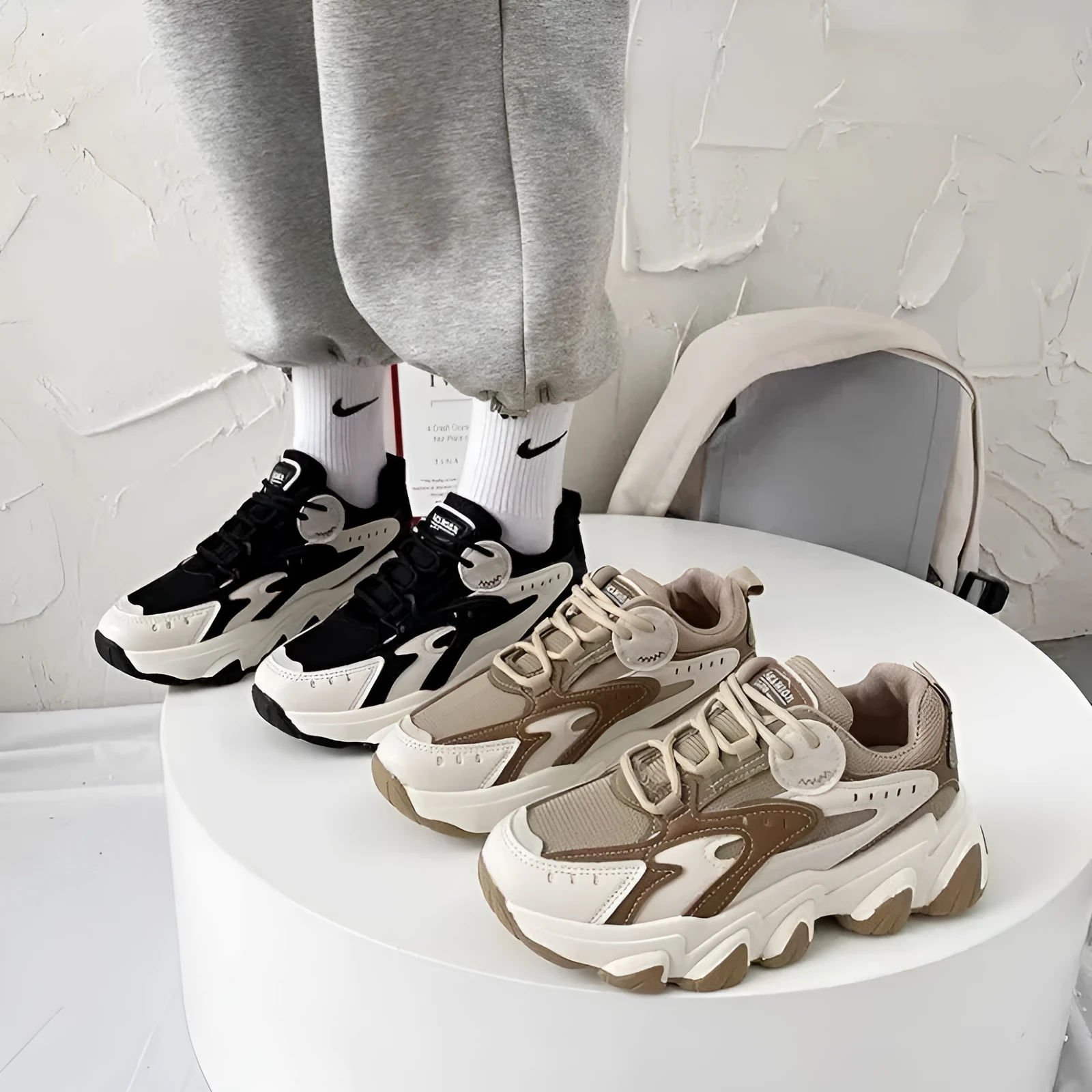 Women's colourblock sneakers with black mesh upper, super high heel, cross shoulder strap, and lace-up closure