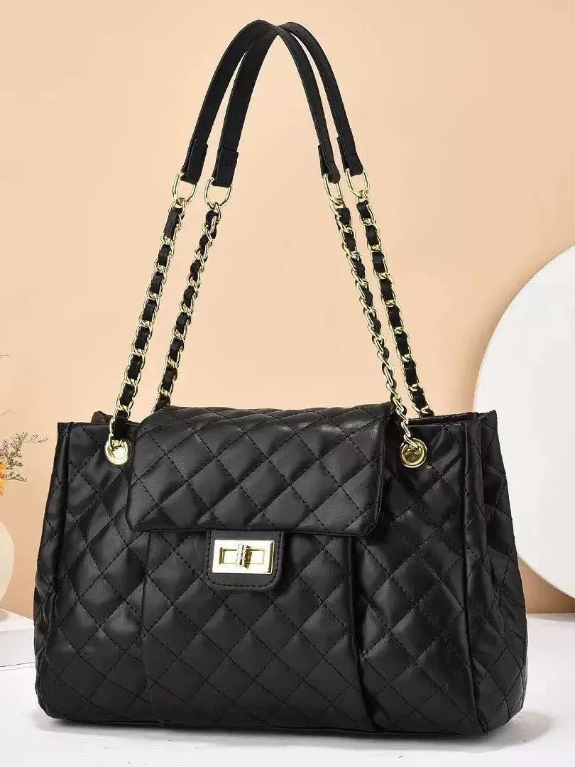 Women's solid colour PU messenger bag with diamond grid pattern and chain detail, horizontal square shape