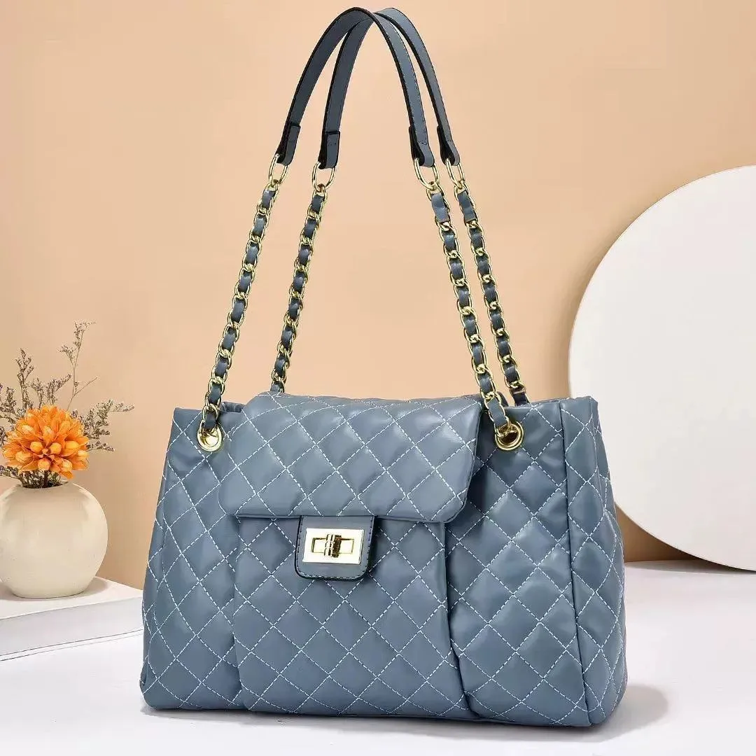 Women's solid colour PU messenger bag with diamond grid pattern and chain detail, horizontal square shape