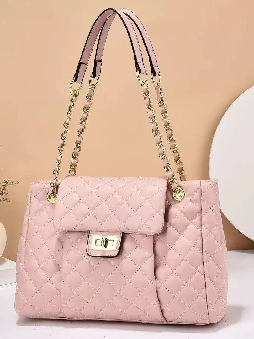 Women's solid colour PU messenger bag with diamond grid pattern and chain detail, horizontal square shape