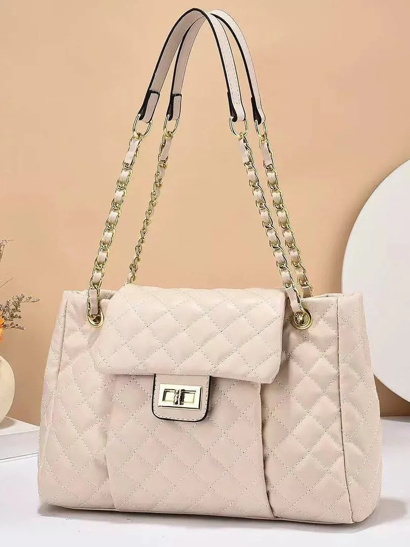 Women's solid colour PU messenger bag with diamond grid pattern and chain detail, horizontal square shape