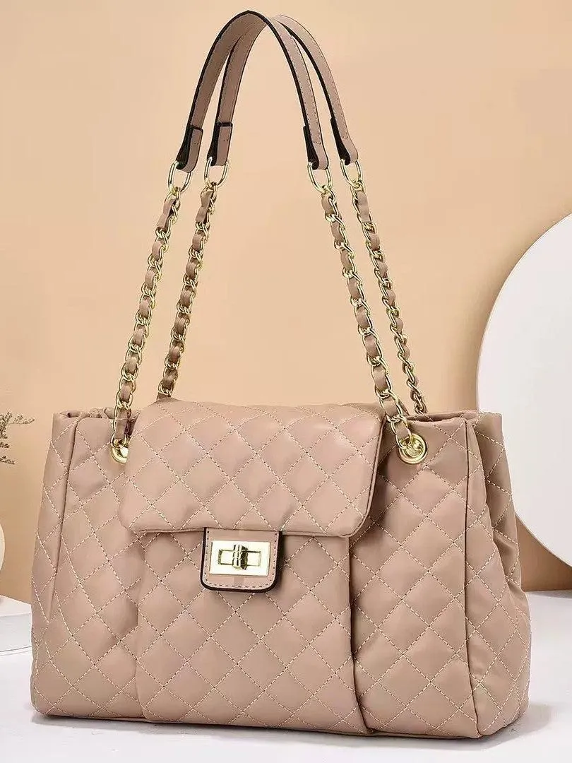 Women's solid colour PU messenger bag with diamond grid pattern and chain detail, horizontal square shape