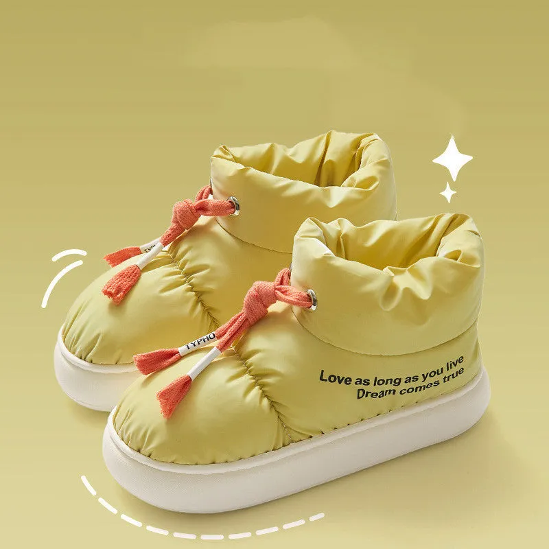 Winter drawstring cotton shoes for women in cream colour with thick plush lining and EVA sole