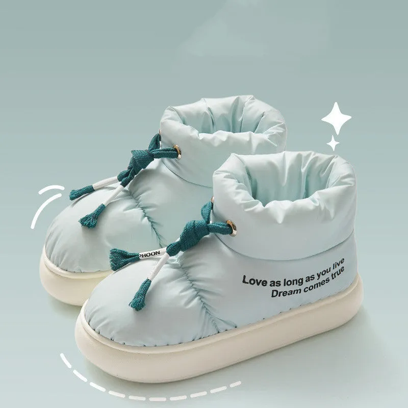 Winter drawstring cotton shoes for women in cream colour with thick plush lining and EVA sole