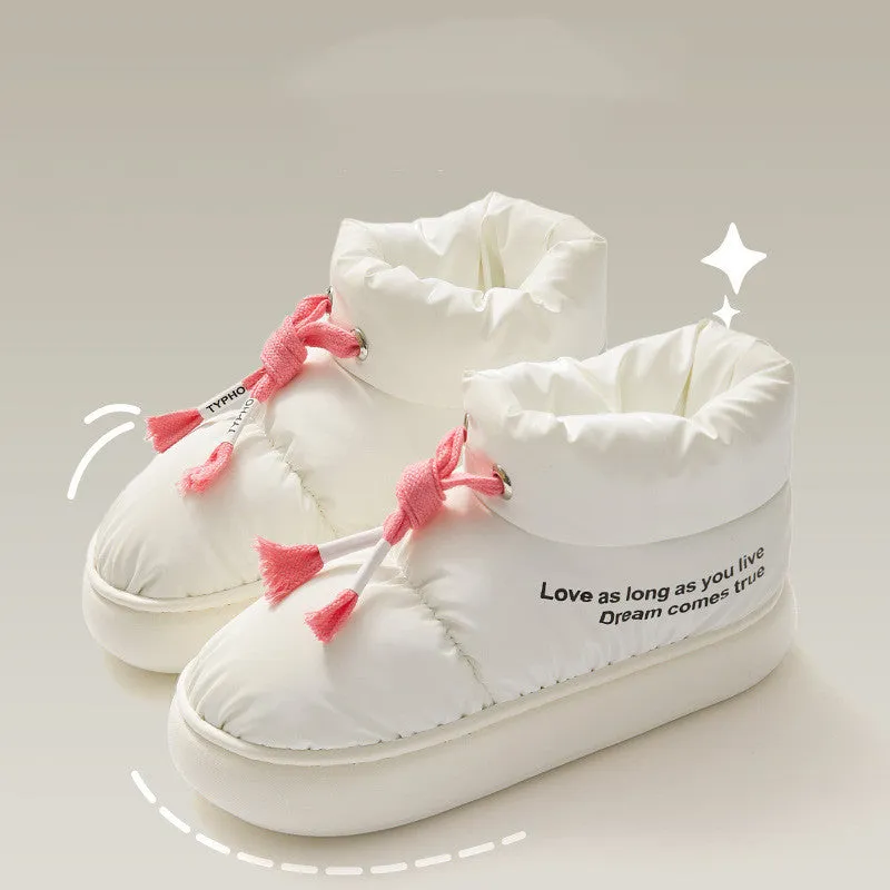 Winter drawstring cotton shoes for women in cream colour with thick plush lining and EVA sole