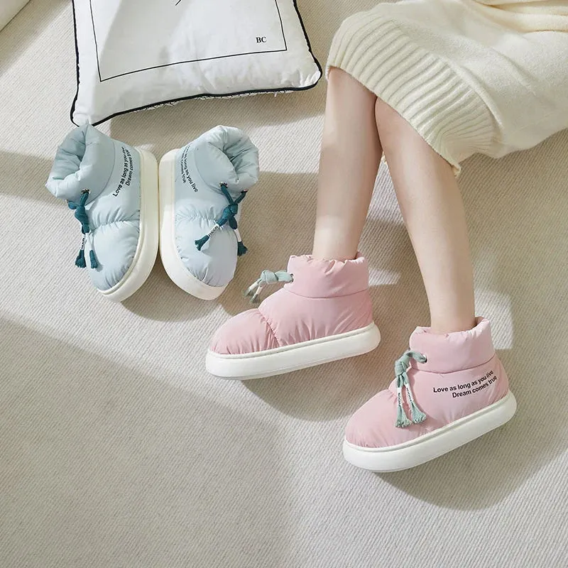 Winter drawstring cotton shoes for women in cream colour with thick plush lining and EVA sole
