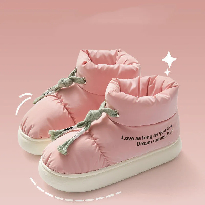 Winter drawstring cotton shoes for women in cream colour with thick plush lining and EVA sole