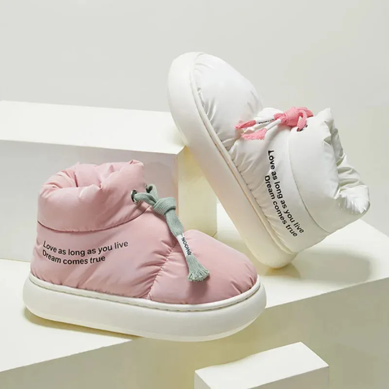 Winter drawstring cotton shoes for women in cream colour with thick plush lining and EVA sole