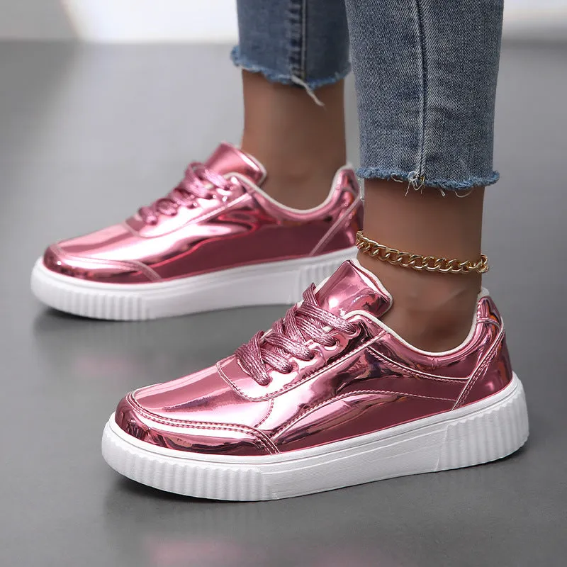 Rose gold sequinned platform sneakers with a thick MD sole and round toe on a white background.